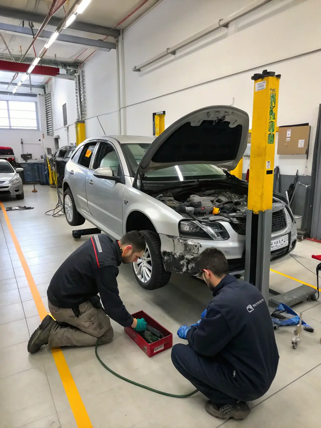 A car undergoing frame straightening in the repair shop, showcasing the advanced equipment and precision involved. The image is used to showcase the Frame Straightening service offered by Haasz Collision Center.