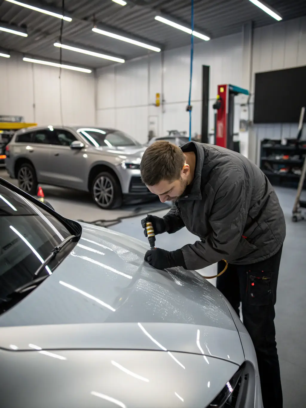 A close-up of a technician performing paintless dent repair on a car, highlighting the tools and techniques used. The image is used to showcase the Paintless Dent Repair service offered by Haasz Collision Center.