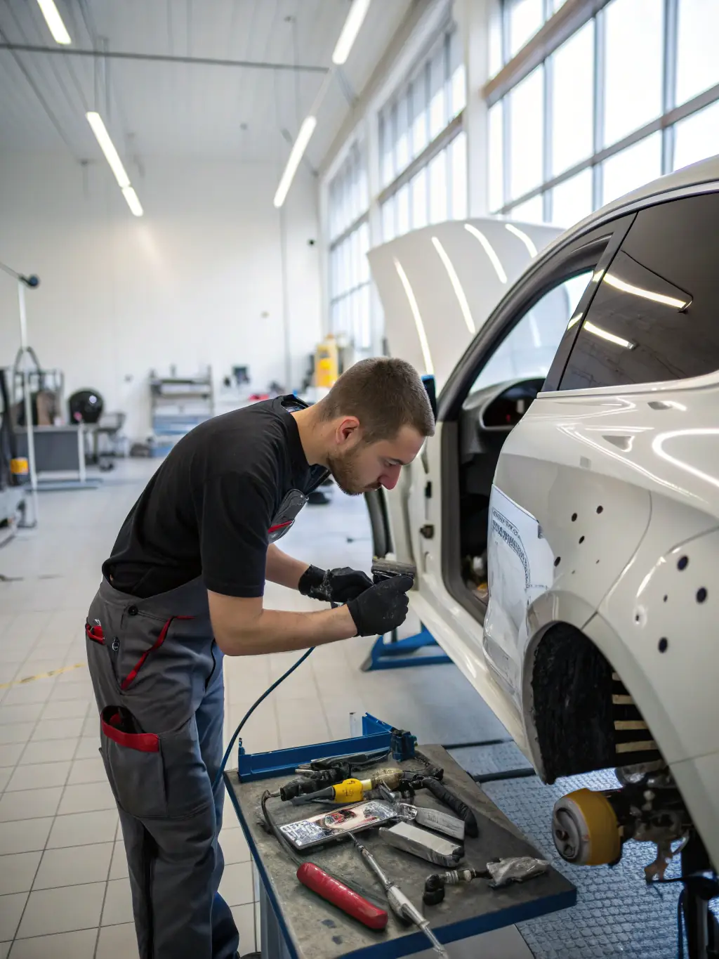 A digitally enhanced photograph of a car with a perfectly aligned frame after undergoing frame straightening, demonstrating the precision and technology used in the process.