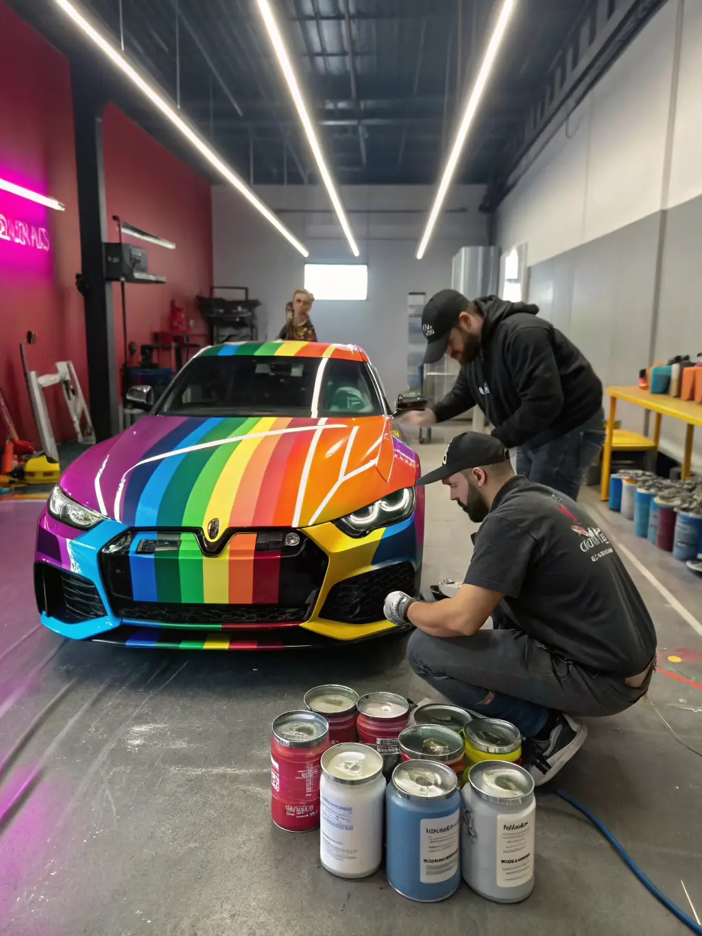 A freshly painted car in the auto body shop, showcasing the flawless finish and vibrant color. The image is used to showcase the Auto Body Painting service offered by Haasz Collision Center.