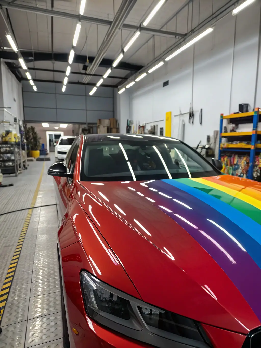 A photograph of a car freshly painted in a modern, well-equipped auto body painting booth, with a glossy finish reflecting the bright lights, emphasizing quality and precision.